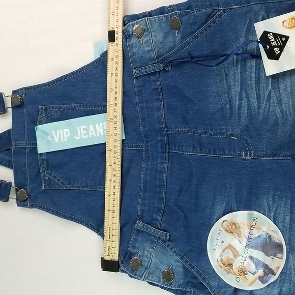Size 15/16 V.I.P. Jeans Distressed Blue Removable Strap UNISEX Overalls - Picture 7 of 15